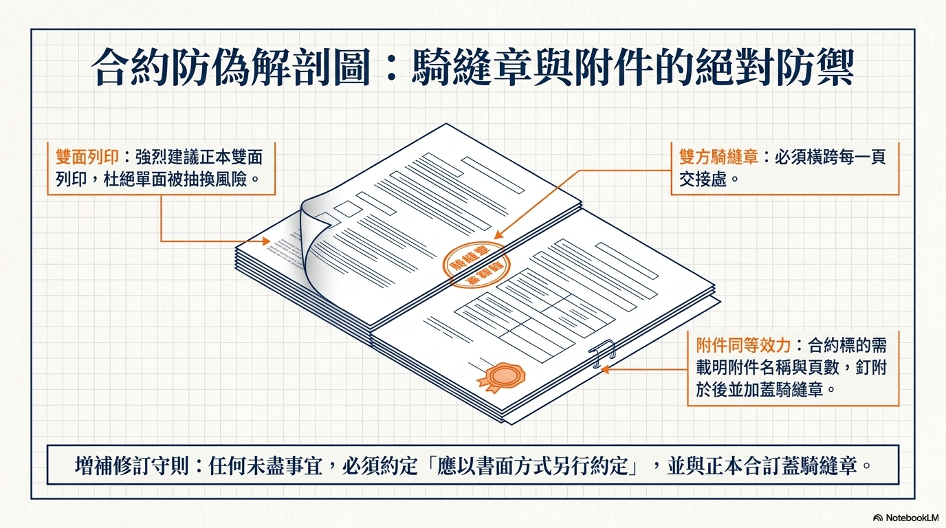 合約防偽解剖圖：騎縫章與附件的絕對防禦